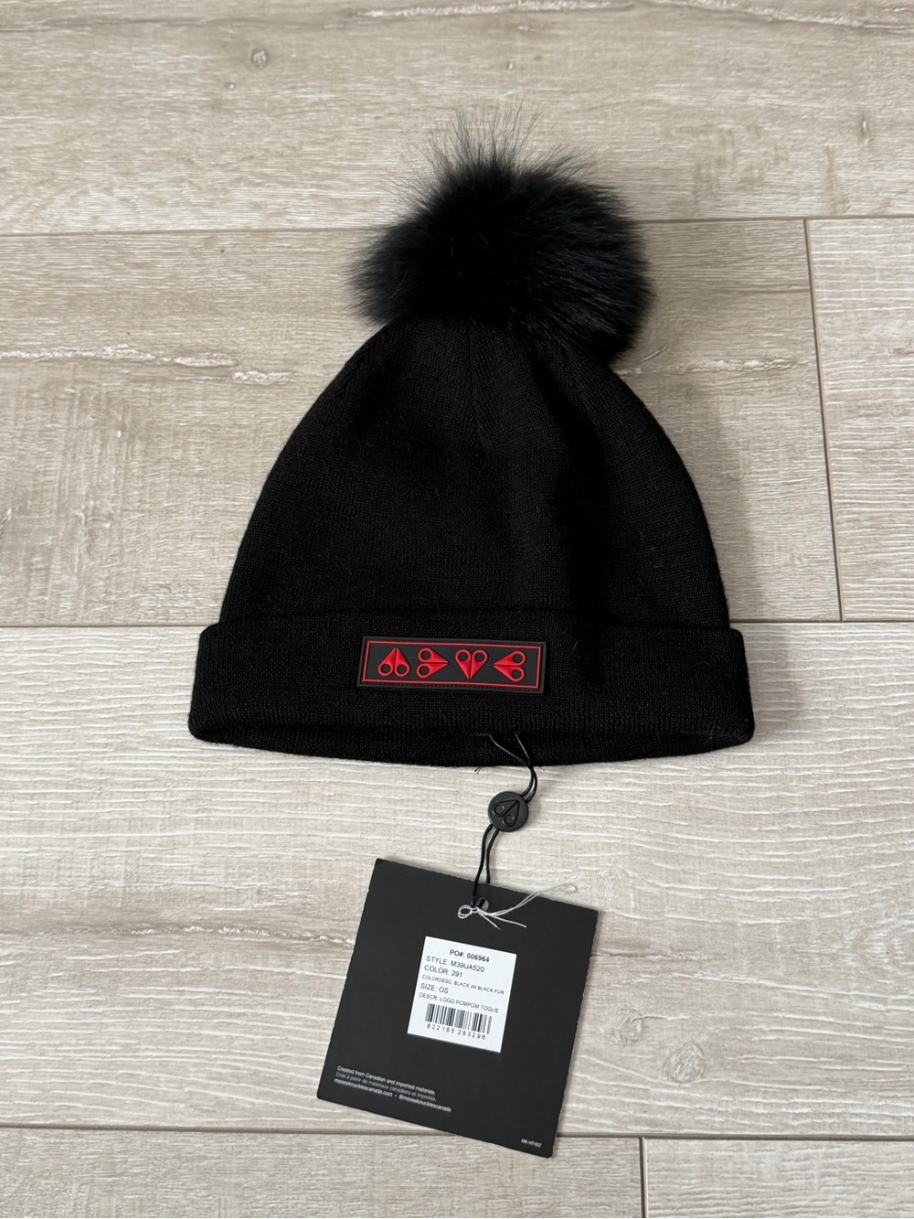 Moose Knuckles Black adult unisex Pom Pom Beanie with Red Logo